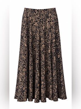 Dana Buchman Petite 100% Silk A-Line Midi Skirt Black Gold Damask 10P